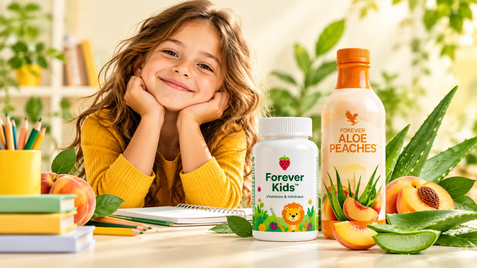 Enfant avec les produits Forever Kids et Forever Aloe Pêche dans un décor naturel